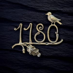 Forged House Number Sign with Titmouse Bird | Iron Address Plaque with Oak Leaf | Rustic Metal Home Decor, Custom Sign
