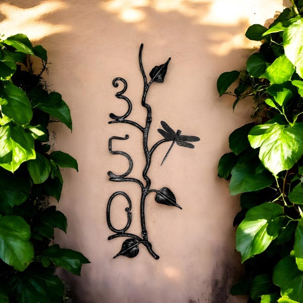 Wrought Iron Vertical Address Sign: Dragonfly & Tropical Leaf