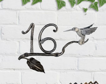 Custom Address Signs with hummingbird on a branch, Metal personalized number plaque, floral front door decals address plaque, outdoor