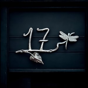 Dragonfly House Number Sign, custom Rustic Metal Address Plaque, Hand-Forged Wrought Iron Home Sign