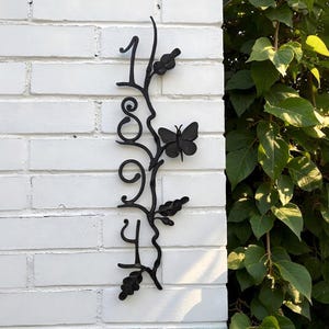 Wrought Iron House Number Sign: Butterfly & Oak Leaf Address Plaque