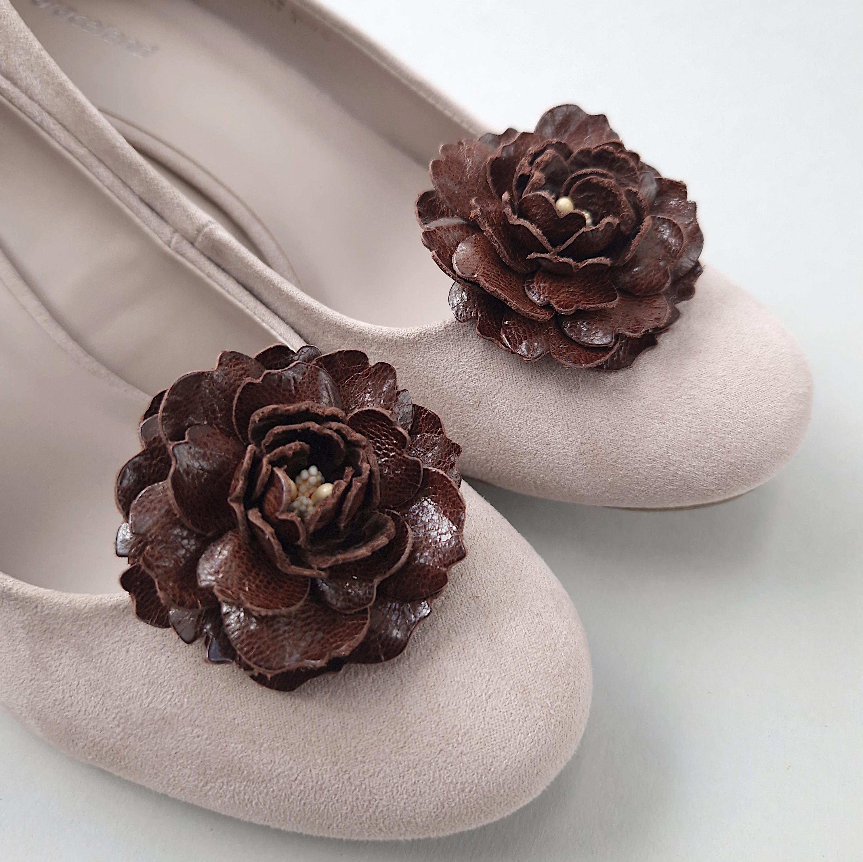 Leather Flower Shoe Clip Handmade Shoe Jewelry Wedding & Everyday Wear Leather Flower Shoe Clip Gift Idea Chocolate Brown-Orange