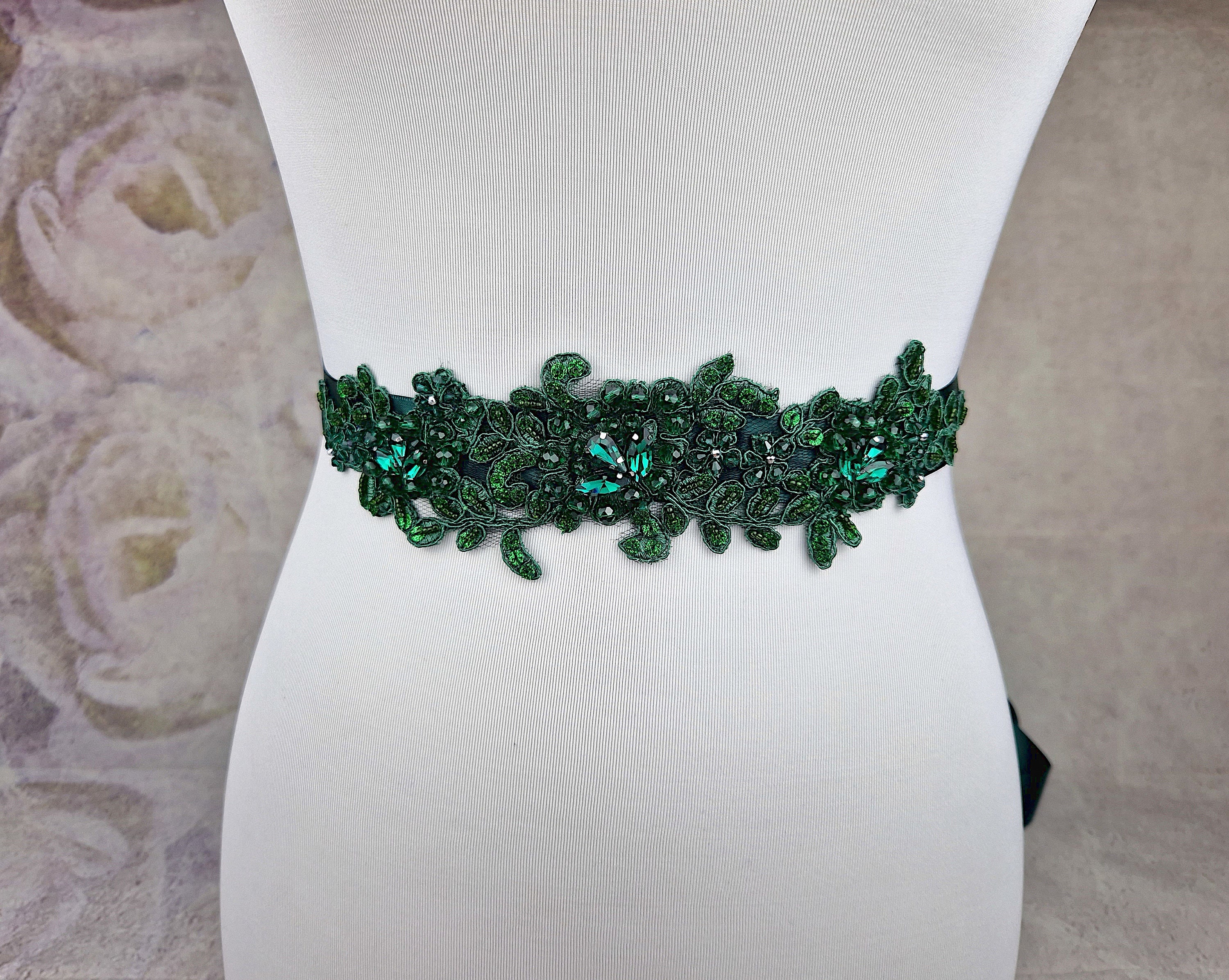 Lace Bridal Belt With Pearls – Emerald Green Lace Belt for  display picture 2