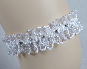 Liga de boda - Encaje con perlas y pedrería - Liga de novia blanca, Liga de boda, Accesorio romántico para boda, 1