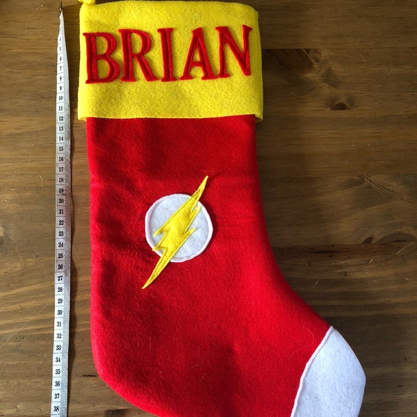 Superhero themed personalised custom Christmas stocking Flash