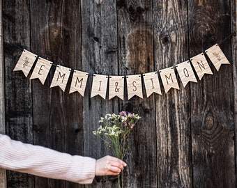 Namensgirlande / Wimpel Holz Lasergravur Namen Holzbuchstaben Wimpelkette Hochzeit Brautpaar