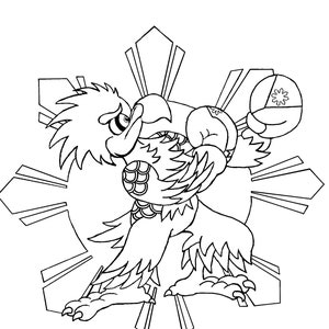 May include: A black and white line drawing of a cartoon eagle holding a stylized sun with eight points, representing the Philippine flag. The eagle is wearing boxing gloves and is in a fighting stance. The text "Lucky Dragon Trade Co @ronslamthedor" is at the bottom of the image.