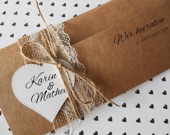 10x VINTAGE wedding invitation wedding invitations kraft paper lace rustic print and envelope