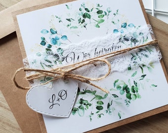10x wedding invitations, leaves plants, vintage, invitation to the wedding, Eucal flower wreath kraft paper jute boho with print