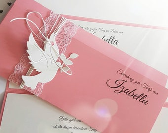 10x Einladung zur Taufe, Konfirmation, Kommunion,rosa, Hochzeitseinladungskarten Mädchen Einladungskarte spitze schlicht Druck und Umschlag