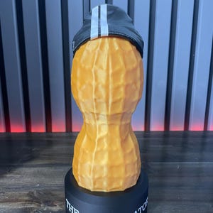 May include: A whimsical, 3D-printed peanut sculpture wearing a black cap with white stripes. The peanut is tan with a textured surface, mounted on a black base with the text "THE BUNGULATOR".