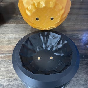 May include: A two-piece set featuring a yellow, textured, rounded object with two black dots, and a black, cylindrical container with the word "BUNG" visible. The container has a textured interior and two small gold dots.