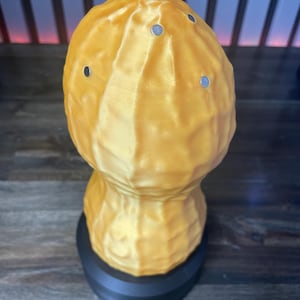 May include: A 3D-printed peanut-shaped object in a golden-yellow color, featuring a textured surface and several small, silver-colored circular accents. The peanut sits atop a black, cylindrical base, creating a unique decorative piece.
