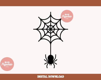 May include: Black and white silhouette of a spider web with a spider hanging from the bottom. The web is a simple design with eight points and a spider in the center. The spider has eight legs and a round body. The image is on a white background with the text "SVG Paperie" in a pink circle in the upper right corner and the text "SVG Paperie" in a pink circle in the lower left corner. The text "DIGITAL DOWNLOAD" is in brown at the bottom of the image.