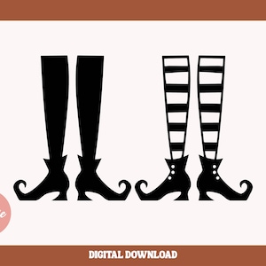 May include: Black and white silhouette of two pairs of witch legs and shoes. One pair has striped stockings and the other pair has solid stockings.