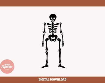 Pode incluir: Ilustração de esqueleto preto com crânio, caixa torácica e membros. O design é um download digital, ideal para o Halloween ou projetos com tema de anatomia. A imagem inclui o texto "DOWNLOAD DIGITAL".