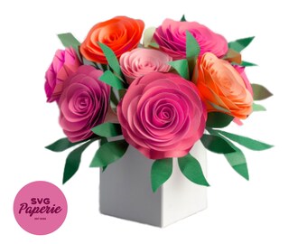 SVG - 3D Flower Bouquet Template, Rose Bouquet with box and leaves, Mother's day Paper Flower template, paper flower svg flower, 3d roses
