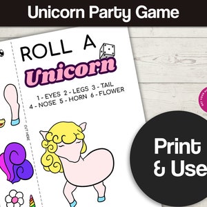 Roll a Unicorn, unicorn baby shower, virtual baby shower games, printable bridal shower games, printable games for kids, unicorn birthday