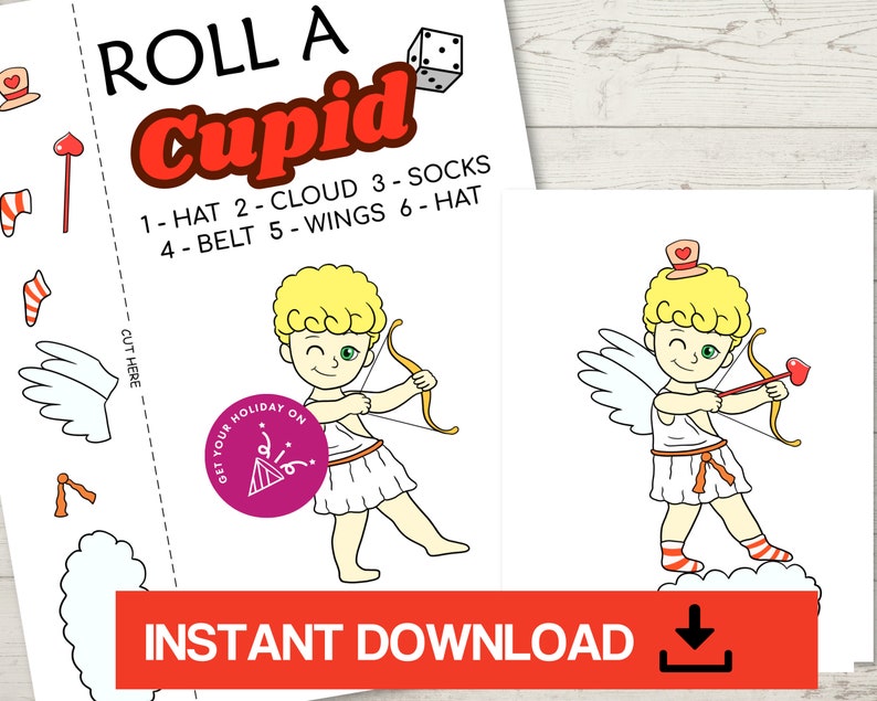 Roll a Cupid, Roll a Cupid Dice game, roll a cupid printable, Valentine games for kids, Valentine's Day games for kids, VDay printable games image 1