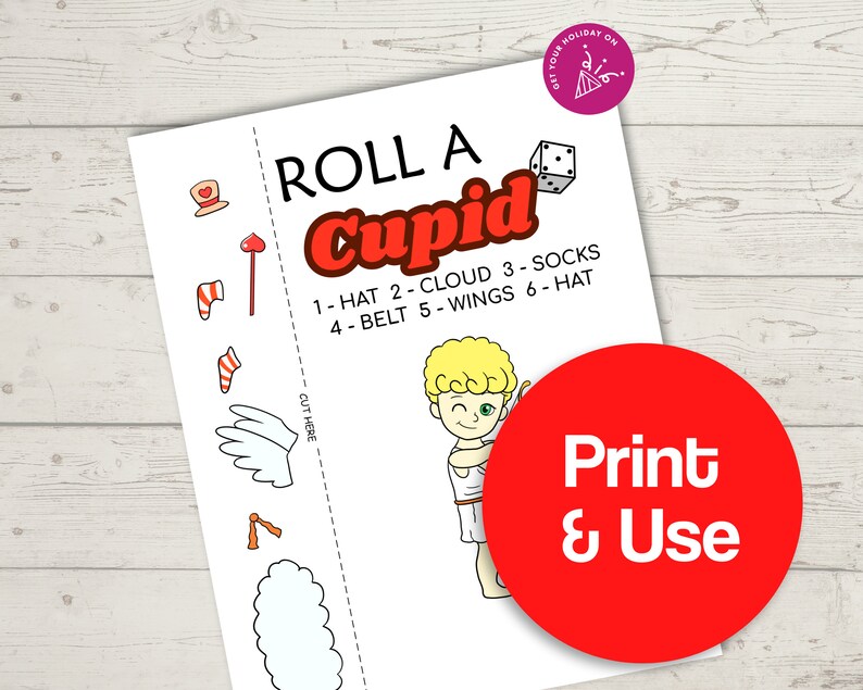 Roll a Cupid, Roll a Cupid Dice game, roll a cupid printable, Valentine games for kids, Valentine's Day games for kids, VDay printable games image 2