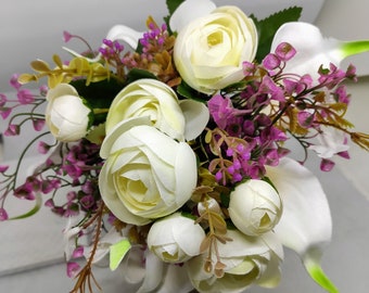 Bouquet de mariée, bouquet de mariée, en lys calla violets, ivoire et blancs, fleurs en soie, bouquet de jardin