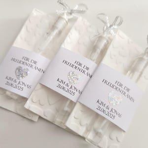Lacrime di gioia, 25 fazzoletti, eventualmente con bolle di sapone come set per la cerimonia nuziale, regalo per gli ospiti con fascetta in argento