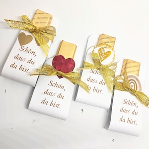 Regalo ospite, cioccolato Merci, con personalizzazione, 20 pezzi, oro con cuore e arcobaleno