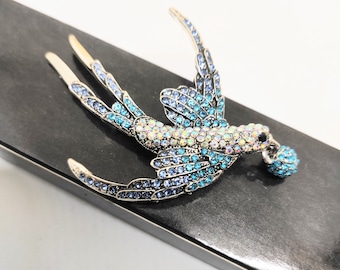 Swallow as a brooch, lapel jewelry, rhinestone jewelry in turquoise