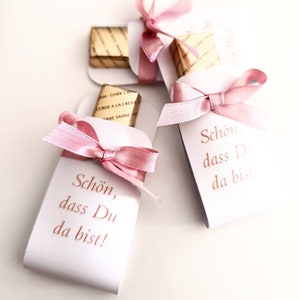 Gastcadeaus, Merci, chocolaatjes, met personalisatie, leuk dat je er bent, in roze of andere kleuren