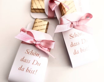 Guest gifts, Merci, chocolates, with personalization, nice that you are here, in pink or other colors