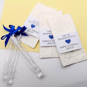 Lacrime di gioia, 25 fazzoletti, con bolle di sapone come set per la cerimonia nuziale, regalo per gli ospiti con fascetta in blu navy