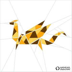 May include: A geometric origami-style paper craft design of a bird with brown and yellow triangles.