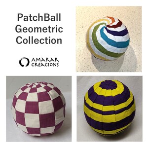 Puede incluir: Tres pelotas geométricas de tela PatchBall. Una pelota es blanca y morada con un patrón de cuadros. Una pelota es amarilla y morada con rayas horizontales. Una pelota es blanca con un patrón de espiral de arcoíris.