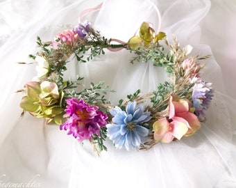 Noaxylic Blumenkrone Haarkranz Rosa - Künstlicher Blumen Haarreifen Mit Armband Set