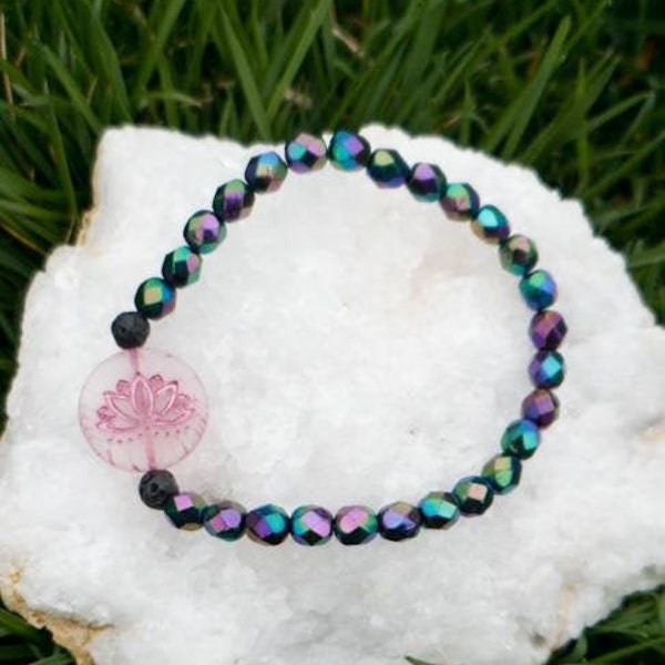 Black Iris Czech Glass Bracelet with Lava stones and Lotus Flower Charm