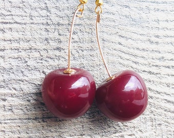Large dark red cherry earrings