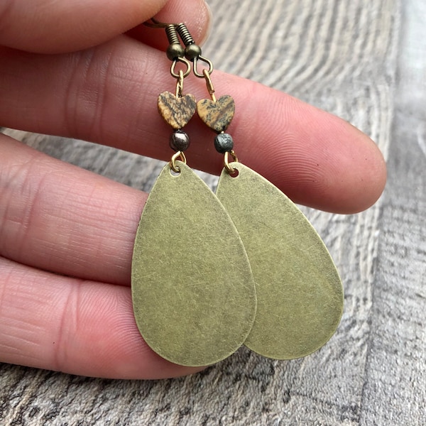 antique bronze tone flat teardrop dangle handmade earrings with tiny pictures jasper gemstone hearts