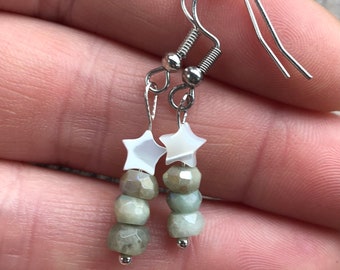 Shell star and aquamarine handmade dangle earrings