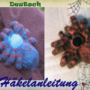 May include: Two crocheted tarantula spiders, one blue and one red, with black eyes. The blue spider is on a purple fabric background. The red spider is on a white fabric background with a spider web design. The text "Handmade by Portia" is visible in the lower right corner of the image.