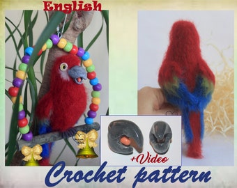 May include: Crochet pattern for a red, blue, and green parrot with a wooden perch and colorful beads. The pattern includes instructions for crocheting the parrot's head, body, and wings.  +Video
