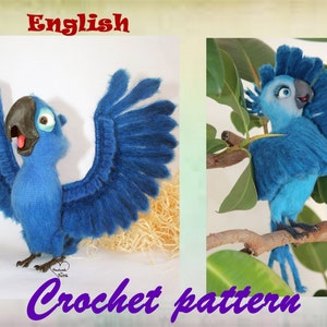 May include: Crochet pattern for a blue macaw with outstretched wings. The pattern is written in English.