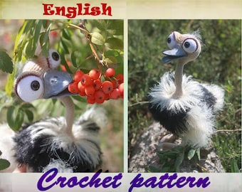 May include: Crochet pattern for a cute, cartoon-like ostrich with large, googly eyes. The ostrich is standing on a rock with green grass and plants in the background. The ostrich is white with black feathers around its neck.