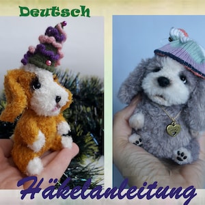 May include: Two crocheted stuffed dog toys. One is brown and white with a green, purple, and pink Christmas tree hat. The other is gray with a multi-colored hat. Both dogs have black eyes and noses.