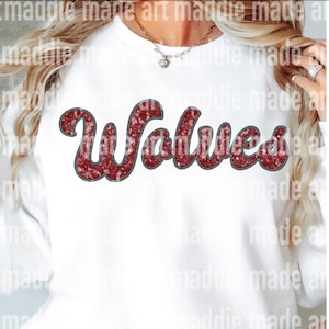 Sequins Wolves Maroon and Gray Embroidered Edge Design School Spirit PNG File