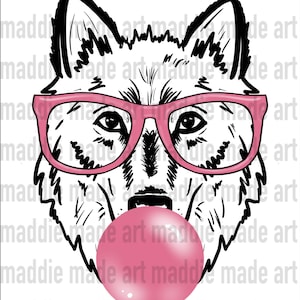 May include: A black and white line drawing of a wolf's face wearing pink glasses and blowing a pink bubble. The wolf has a serious expression.