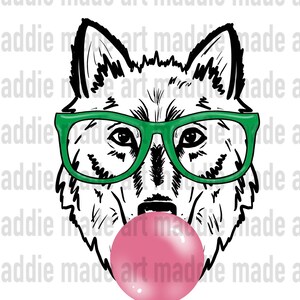 May include: A black and white line drawing of a wolf's head wearing green glasses and blowing a pink bubble.