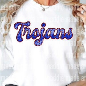 File PNG con paillettes Trojan rosso e blu finto bordo ricamato Design School Spirit