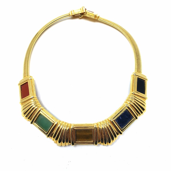 Alexis Kirk vintage necklace, Alexis Kirk jewelry, vintage designer jewrlry, gold collar, gold and stones vintage necklace.