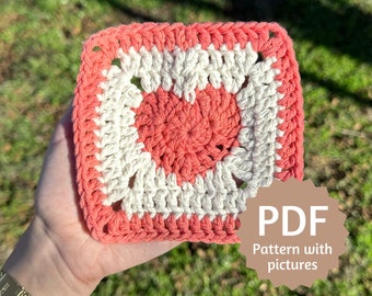 Heart Granny Square Pattern PDF, Easy Crochet Pattern with Step by Step Picture Tutorial for Beginners, 12 Page Instant Download