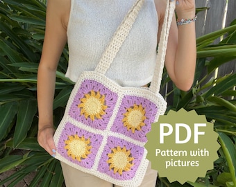 Sun Granny Square Tote Bag Pattern PDF, Easy Crochet Pattern with Step by Step Picture Tutorial, 20 Page Instant Download in English